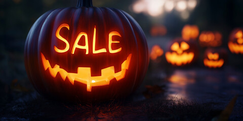 Glowing Halloween pumpkin with Sale carved, creating a festive atmosphere during October evenings