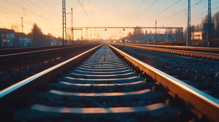 A serene view of railway tracks at sunset, showcasing the tracks leading into a colorful horizon.
