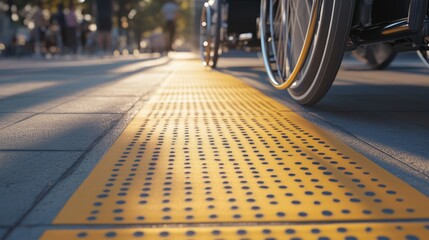 A close-up view of a textured yellow pathway designed for accessibility, featuring wheelchair wheels, emphasizing urban mobility and inclusivity.
