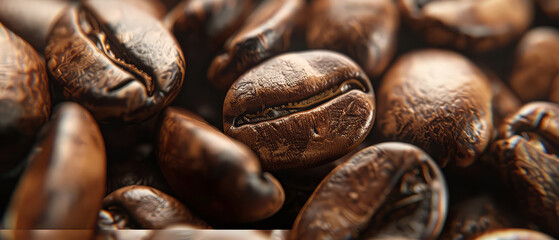 Coffee texture background. Close up of roasted coffee beans with  particles. Macro shot of coffee for advertising, cafe banner. Generative ai