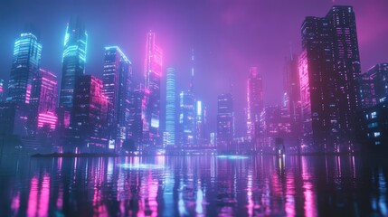 Fototapeta premium A vibrant, neon-lit cityscape reflected in water, evoking a futuristic atmosphere.