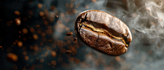 Close up of flying roasted coffee beans with golden shimmer, particles. Macro shot of coffee for advertising, cafe banner. Generative ai