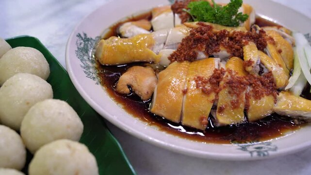 Malacca traditional Hainanese chicken and rice balls.