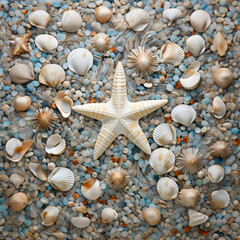 Beige and pastel blue seashells, starfish on sand background. Flat lay, top view with copy space. Summer travel and holiday concept for card or wallpaper, banner, poster 