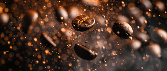Close up of flying roasted coffee beans with golden shimmer, particles. Macro shot of coffee for advertising, cafe banner. Generative ai