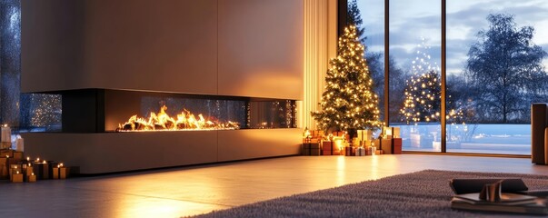 A cozy living room featuring a modern fireplace and decorated Christmas tree, creating a warm and inviting atmosphere.