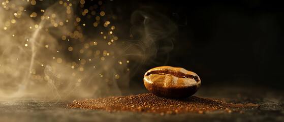 Close up of flying roasted coffee beans with golden shimmer, particles. Macro shot of coffee for advertising, cafe banner. Generative ai	