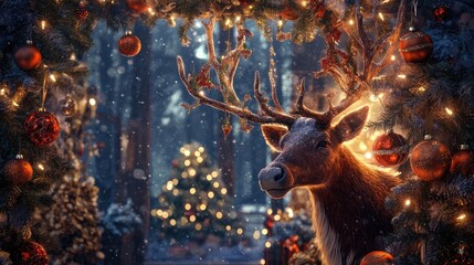 A majestic reindeer surrounded by festive decorations and lights, capturing the enchanting spirit of the holiday season.