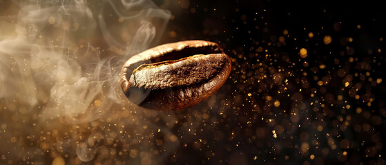 Close up of flying roasted coffee beans with golden shimmer, particles. Macro shot of coffee for advertising, cafe banner. Generative ai	