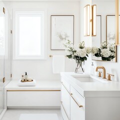 Fototapeta premium Clean white bathroom with recessed lighting and brass accents, minimalist bathroom aesthetic, luxury simplicity