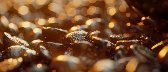 Coffee texture background. Close up of roasted coffee beans with  particles. Macro shot of coffee for advertising, cafe banner. Generative ai