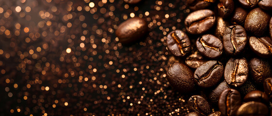 Close up of flying roasted coffee beans with golden shimmer, particles. Macro shot of coffee for advertising, cafe banner. Generative ai