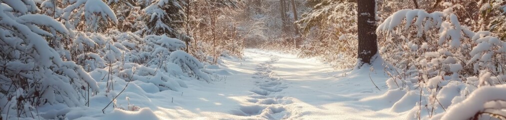 Fototapeta premium A tranquil winter pathway covered in fresh snow, lined by frosted trees, inviting exploration and serene experiences.