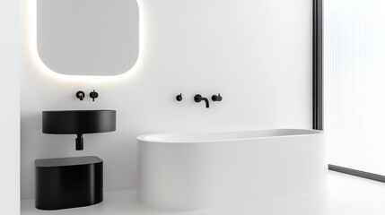 Clean white bathroom with black fixtures and wood shelving, minimalist bathroom aesthetic, modern contrast