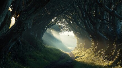 Obraz premium Early morning light piercing through the dense branches of the Dark Hedges, creating a dramatic interplay of light and shadow.