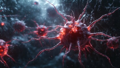 Intricate 3D Visualization of Viruses Attacking Nerve Cells: Symbolizing Neurological Diseases and Medical Complexity