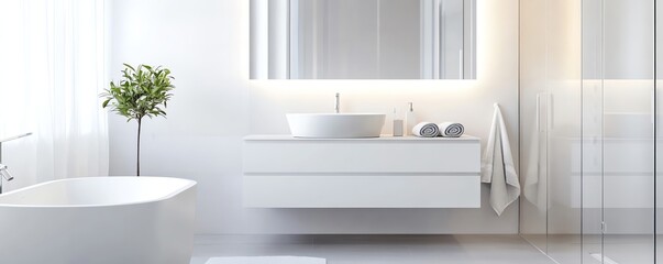 Fototapeta premium Clean white bathroom with soft lighting and floating vanity, minimalist bathroom aesthetic, sleek modern design