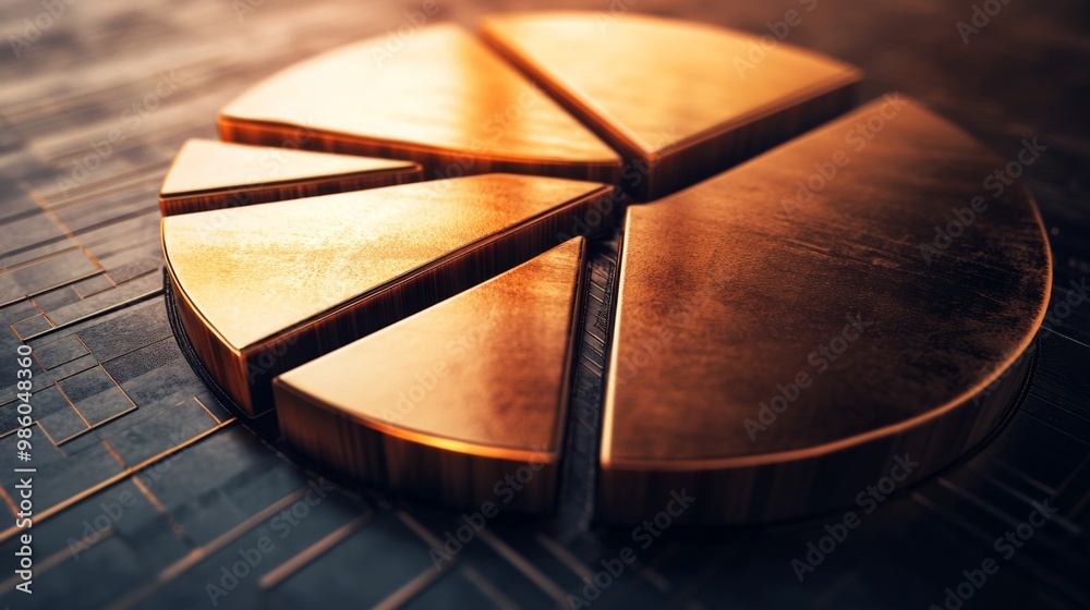Poster a close-up of a 3d pie chart with metallic textures, its sections separated slightly to emphasize fi