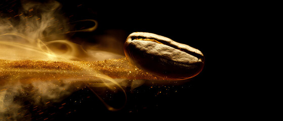 Close up of flying roasted coffee beans with golden shimmer, particles. Macro shot of coffee for advertising, cafe banner. Generative ai