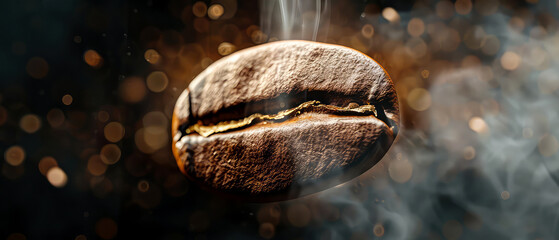 Close up of flying roasted coffee beans with golden shimmer, particles. Macro shot of coffee for advertising, cafe banner. Generative ai