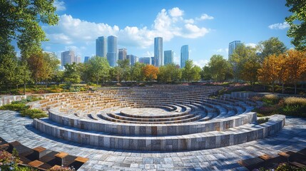 Fototapeta premium A wide-angle shot of a modern amphitheatre located in a vibrant city, with the seating arranged in a spiral pattern around a central stage. The skyline is visible in the background, and the overall