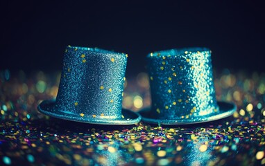 Two glittering blue party hats surrounded by colorful confetti, creating a festive New Year's Eve celebration scene.