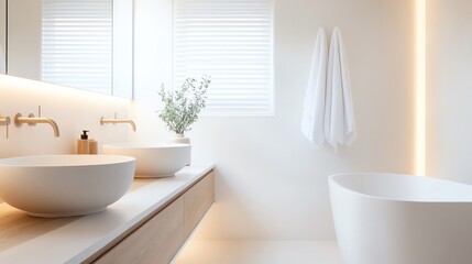 Fototapeta premium Clean white bathroom with wood accents and soft lighting, minimalist bathroom aesthetic, modern warmth
