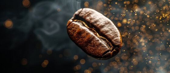 Close up of flying roasted coffee beans with golden shimmer, particles. Macro shot of coffee for advertising, cafe banner. Generative ai