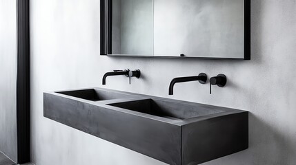 Concrete vanity with black fixtures in an industrial-style minimalist bathroom, minimalist bathroom aesthetic, urban simplicity