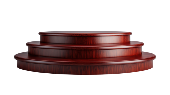 Tiered Wooden Podium With Glossy Finish Displaying A Classic Rich Wood Design And Smooth, Elegant Structure For Presentations Or Display.