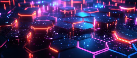 A vibrant, futuristic hexagonal pattern with glowing neon lights.