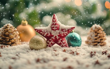 Red and gold Christmas ornaments in fresh snow, set against a festive green backdrop.