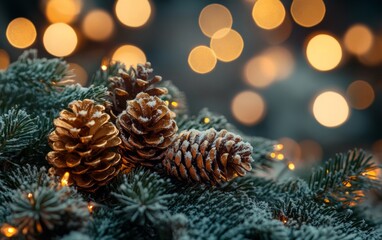 Snow-covered pine cones with warm festive lights in the background, creating a cozy winter scene.