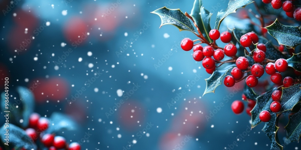 Wall mural bright red holly berries with green leaves on a snow-dusted branch against a blurred, snowy backgrou