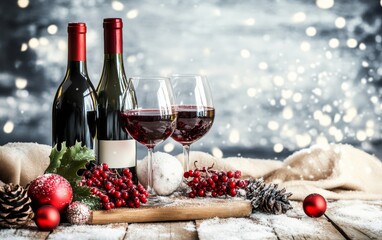 Red wine bottles and filled glasses with festive decorations of holly, pine cones, and berries, arranged on a snow-dusted wooden table.
