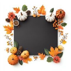 Autumn-themed blackboard frame with pumpkins, leaves, and pinecones, perfect for seasonal designs and fall decorations.