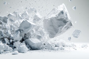 A 3D-rendered depiction of debris tumbling through a white void, captured in high quality to represent chaos and destruction in an isolated environment. ,