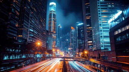 Obraz premium Nighttime long exposure shot of a highway with skyscrapers in the background.