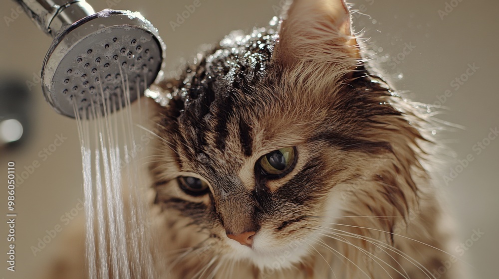 Poster a close-up of a cat with a wet coat, being pampered with a gentle wash under a handheld shower head,