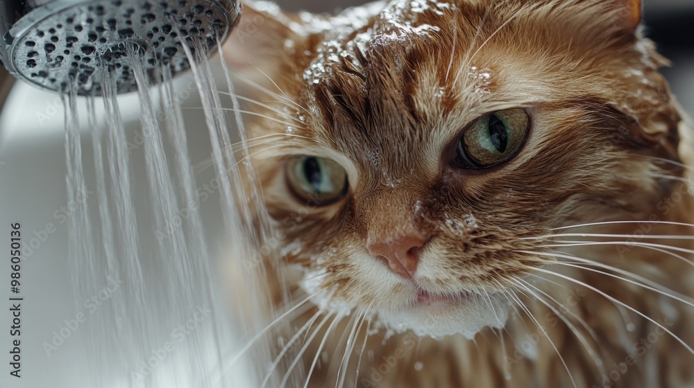 Poster a close-up of a cat with a wet coat, being pampered with a gentle wash under a handheld shower head,