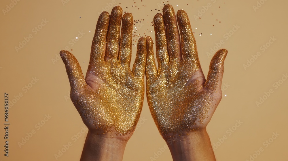 Wall mural Glittering hands raised, showcasing a vibrant display of golden sparkle against a soft background.