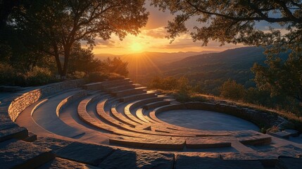 Fototapeta premium A tranquil sunset scene at an amphitheatre overlooking a valley, with the seating made of smooth stone and the stage set against a backdrop of rolling hills. The setting sun casts a golden light over
