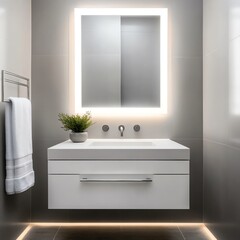 Fototapeta premium Floating vanity with built-in towel rack and matte black faucet, minimalist bathroom aesthetic, sleek modern style