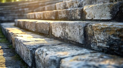A close-up of the stone steps leading to the seating in an ancient amphitheatre, with the weathered surface and intricate carvings visible. The steps are worn smooth by centuries of use, adding a