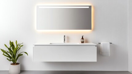 Floating vanity with integrated faucet and recessed lighting, minimalist bathroom aesthetic, sleek modern style