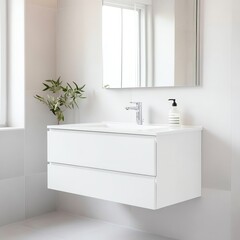 Fototapeta premium Floating vanity with integrated faucet and recessed lighting, minimalist bathroom aesthetic, sleek modern style