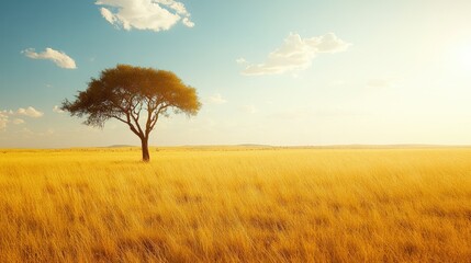Fototapeta premium Endless golden grass of the savannah with a lone acacia tree standing tall under the midday sun, symbolizing solitude in the wild.