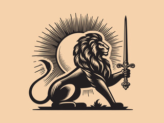 A lion holding a sword against the background of the sun. . Beautiful vintage engraving vector illustration. Black outline  © Victoria