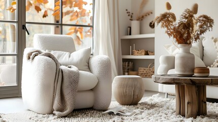 Cozy Autumn Decor, minimalist modern Living Room with Pale Wood Furniture and Fall Decoration, interior design, architecture design, house design and interior design for real estate projects