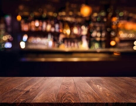 Wooden table with soft focus liquor bar background 